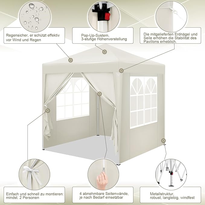 WOLTU Gazebo pop up partytent - 2 x 2 m - beige - UV bescherming 50+ waterafstotend