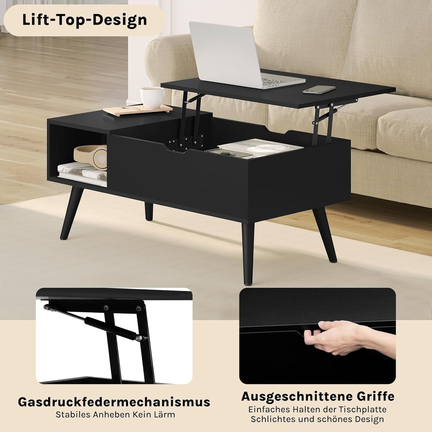 Woltu Salontafel in Hoogte verstelbaar - 100 x 57 x 50 cm - Zwart