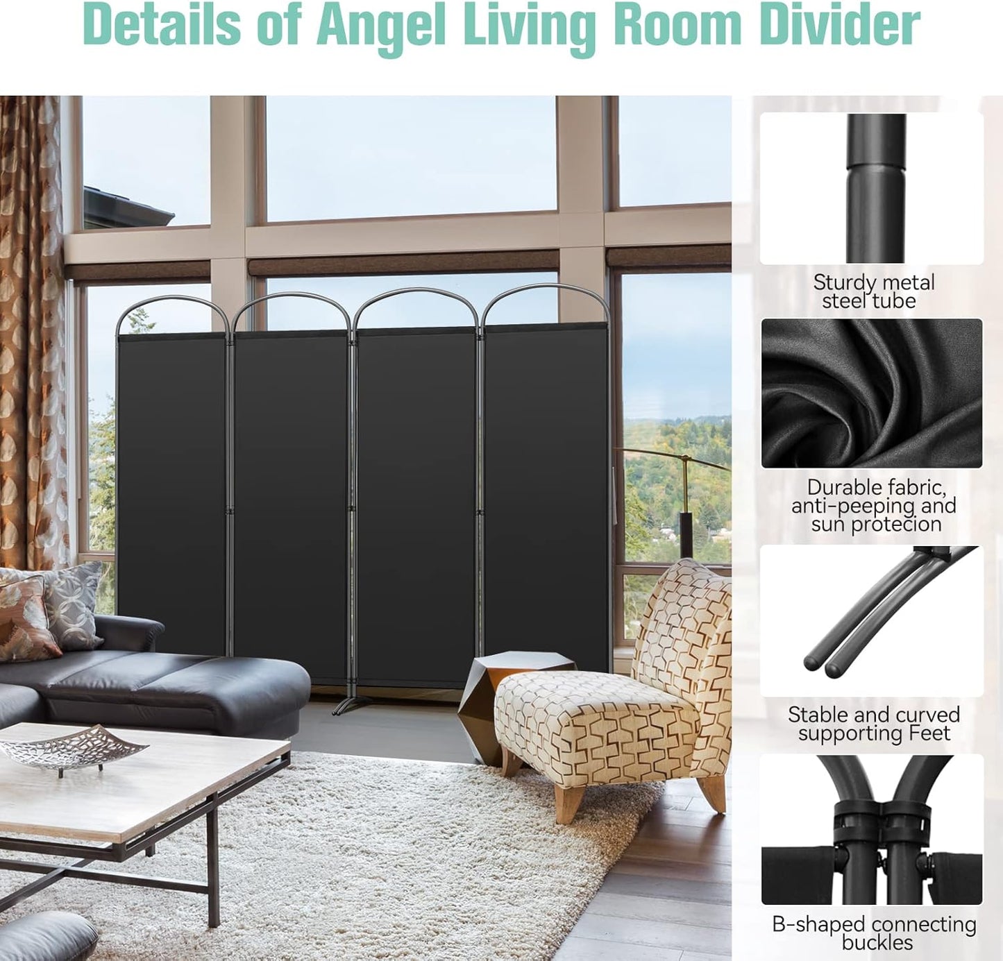 Angel Living Kamerscherm - 4 Panelen - 224 x 182 cm - Binnen & Buiten - Zwart