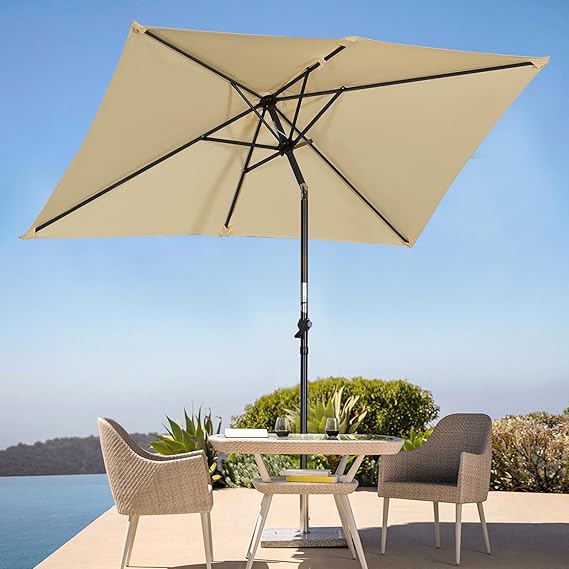 Angel Living Tuinparasol Rechthoekig – Voorzien Van Opdraaimechanisme Met Slinger En Ventilatieopening En Verstelbare Kap – Voor Tuin En Balkon – Beige Polyester En Aluminium – 210x140 cm