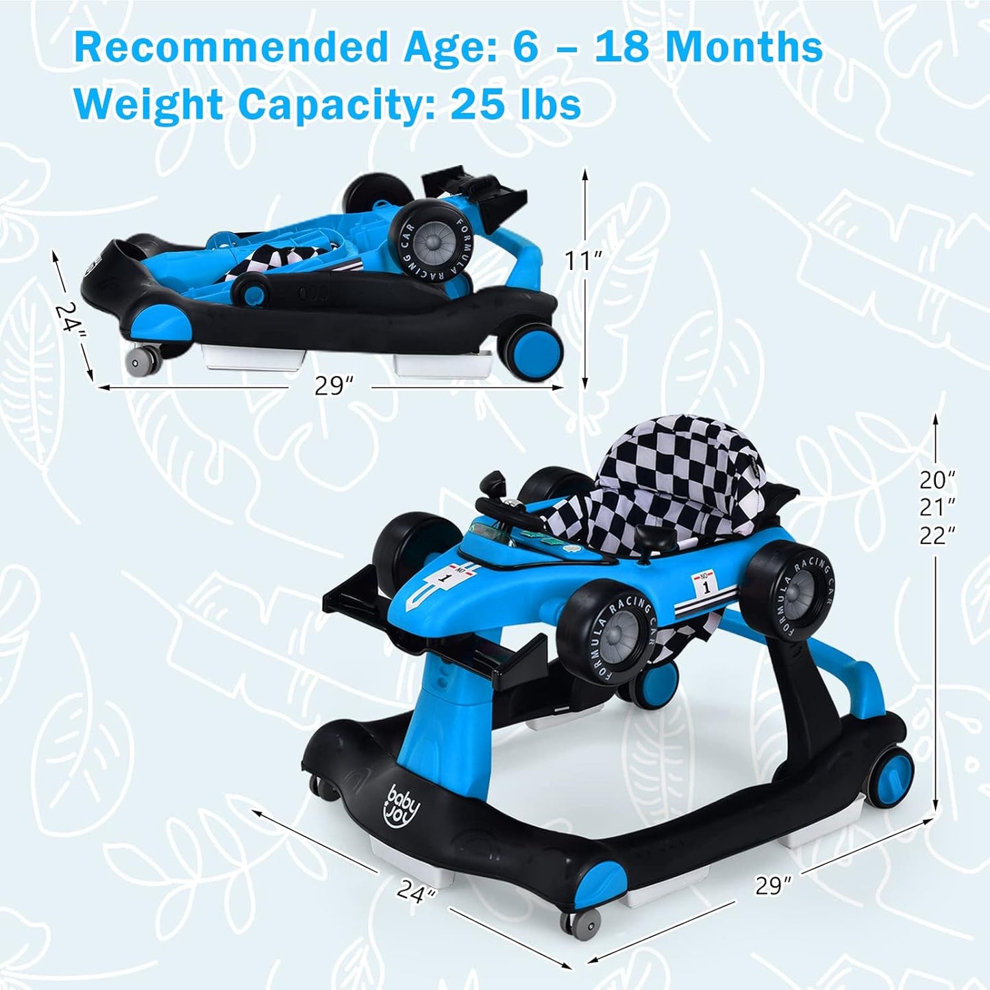 Coast 4-in-1 Loopwagen - Instelbare Hoogte - Anti Slip Pads - Blauw - 73 x 64 x 50,5-55,5 cm