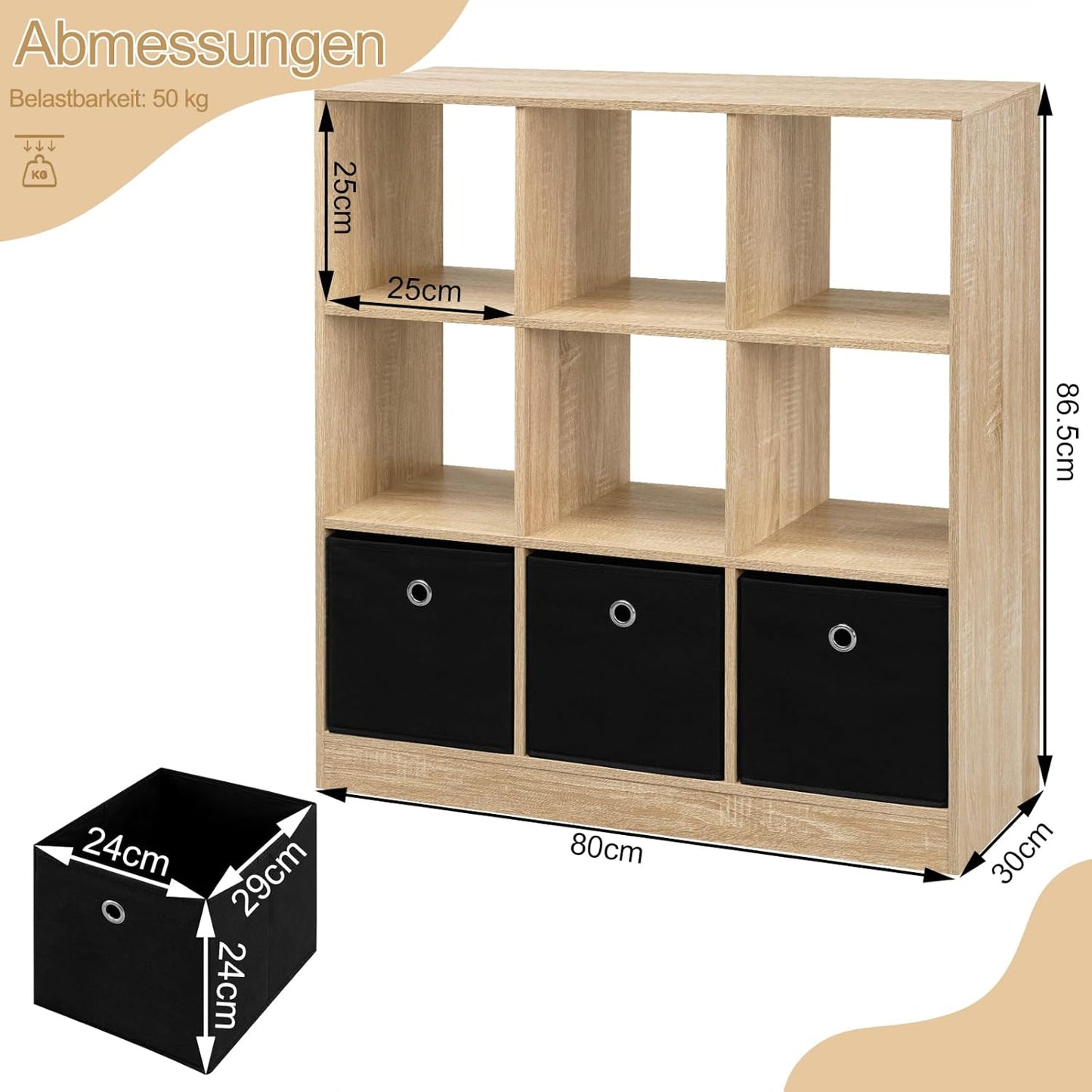 Woltu Boekenkast 9 Vakken met 3 Stoffen Lades - Melaminehout Licht Eiken - 80x30x86,5 cm