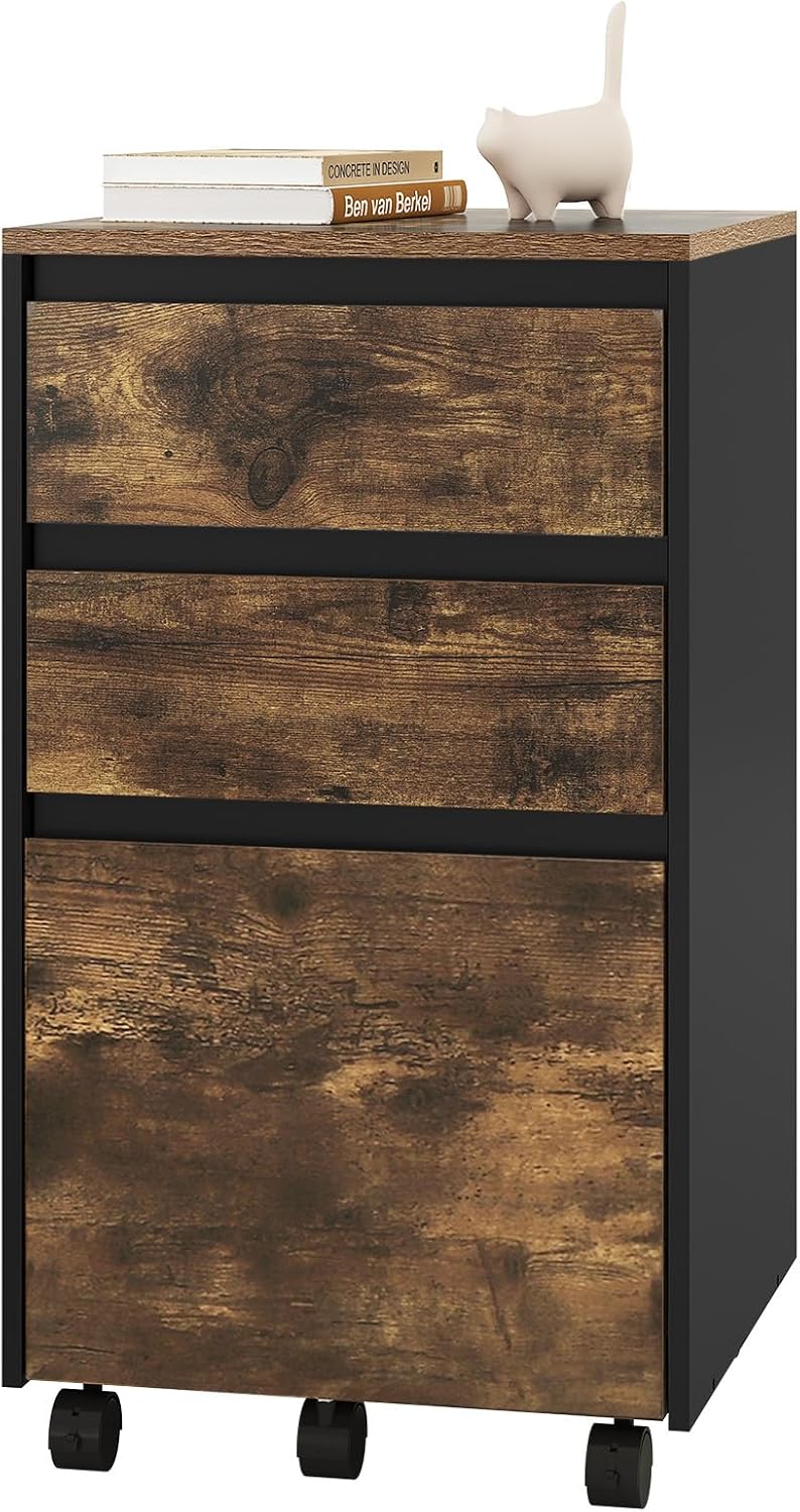 Woltu Mobiele Archiefkast – Rolcontainer met 3 Laden en Wielen – Industrieel Donker Eiken/Zwart – 40 x 40 x 70 cm
