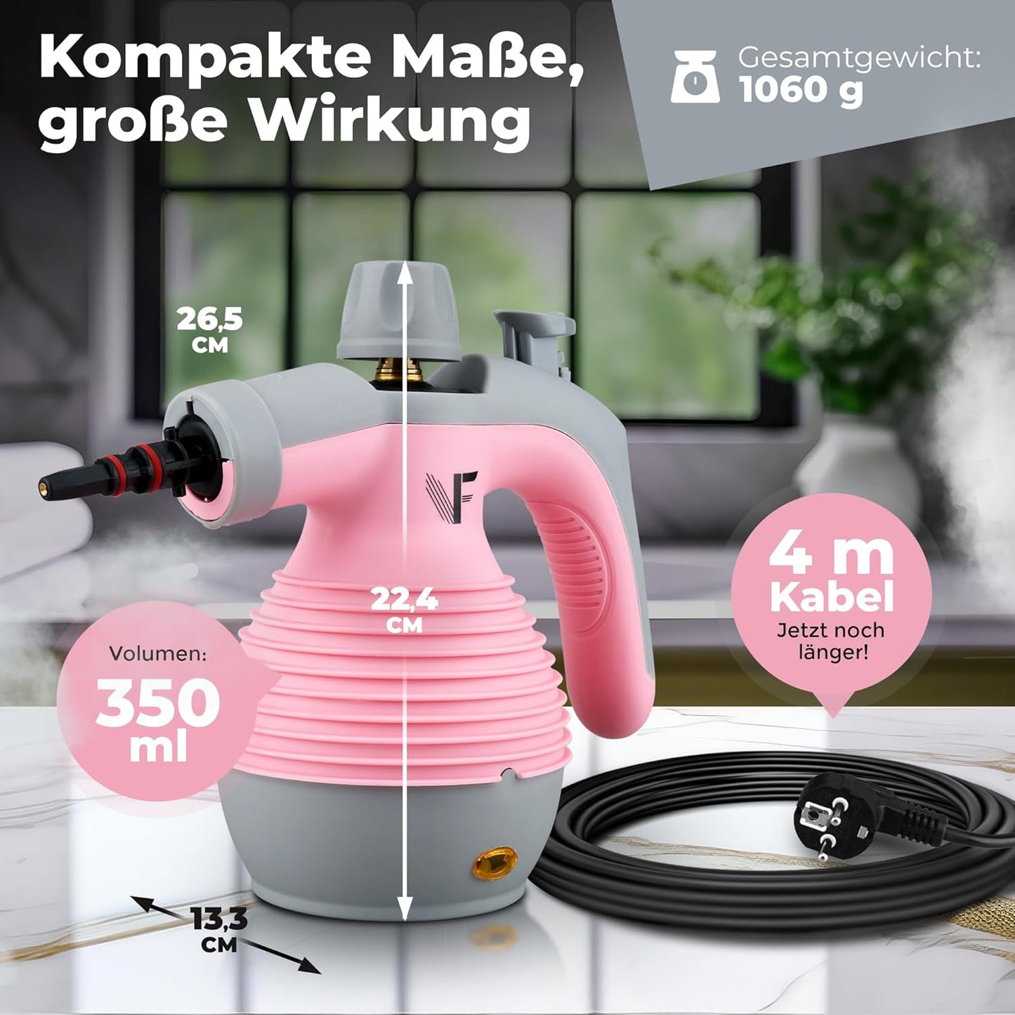 Neighbour's Friend Handdampfreiniger Rosa – Krachtige stoomreiniger met 350ml tank, stoomregulering & accessoires voor huis, ramen, meubels & meer