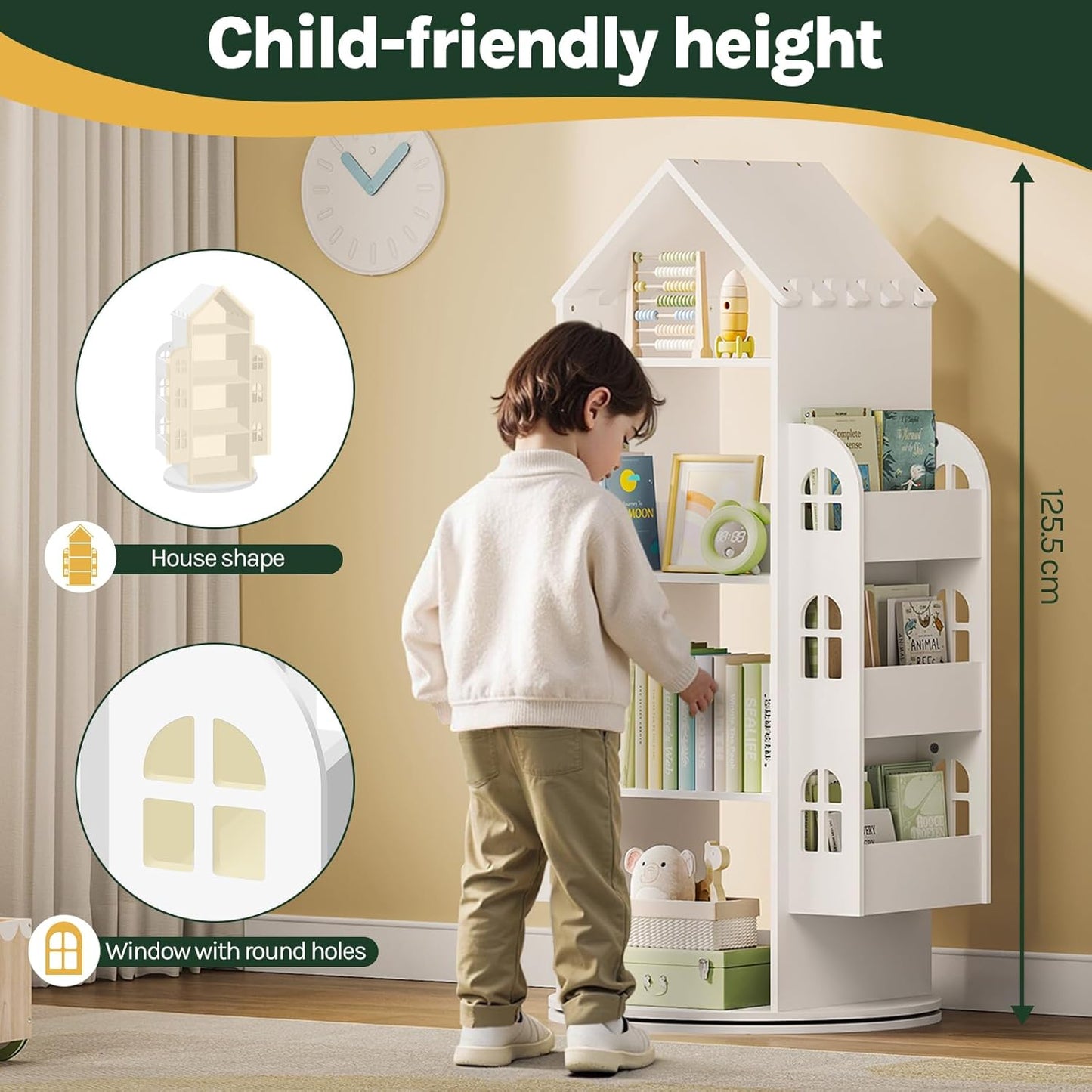 Woltu Draaibare Kinderboekenkast Wit 63x59x125 cm – Montessori Opbergkast met 4 Niveaus en Zijvakken