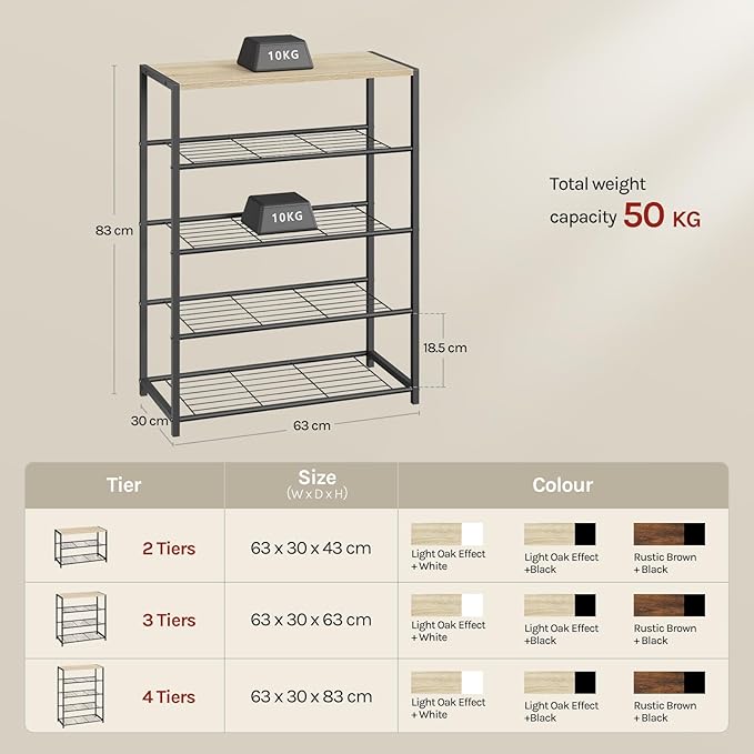 WOLTU Organizer schoenenrek - 4 niveaus - licht eiken en zwart - 63 x 83 x 30 cm