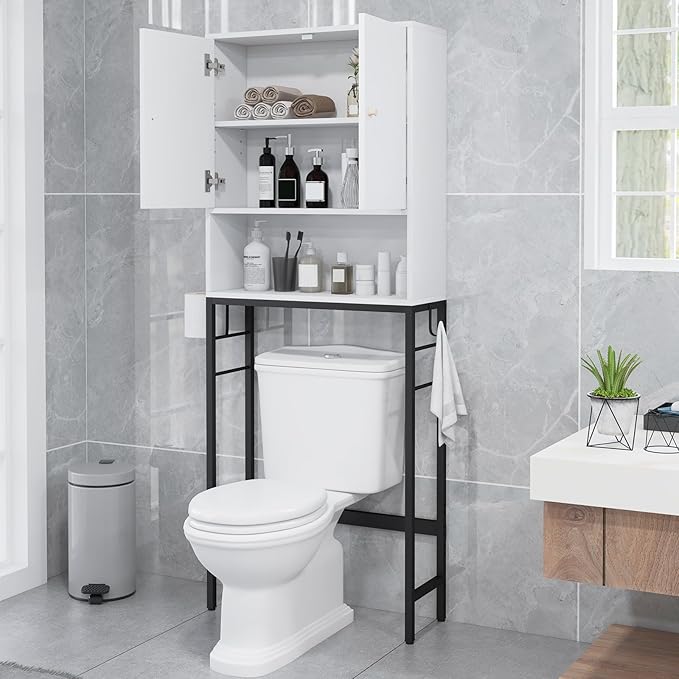 COSTWAY Vrijstaande Toiletkast – Met Opbergvakken, Deuren & Haken – 63 x 23 x 165,5 cm – Wit