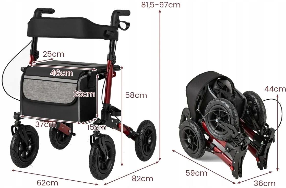 Coast Opvouwbare Rollator Rood – Lichtgewicht 2-in-1 Reisrollator met Zitje en Luchtbanden – 62 x 82 x 81,5-97 cm