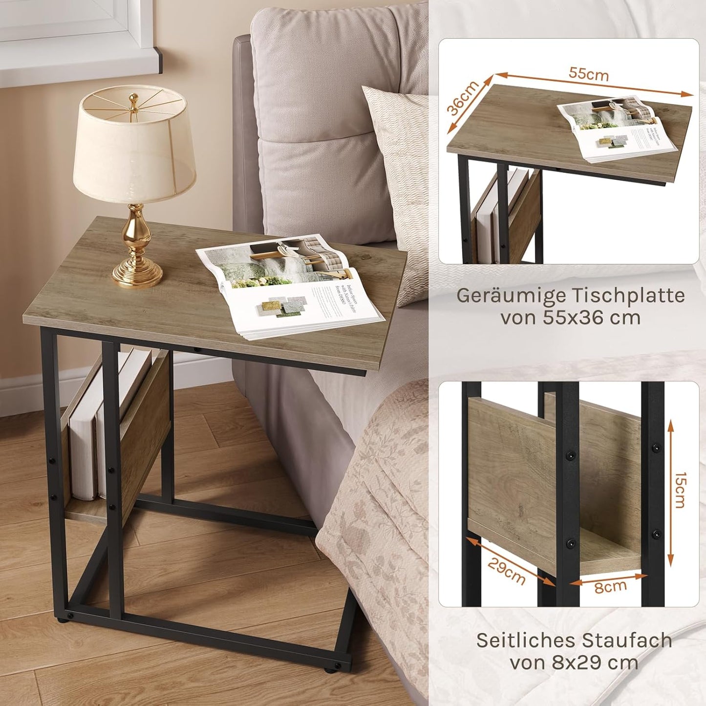 Woltu C-vormige Bijzettafel met Opbergrek - Grijze Houtlook - Metaal - 55 x 36 x 59,5 cm