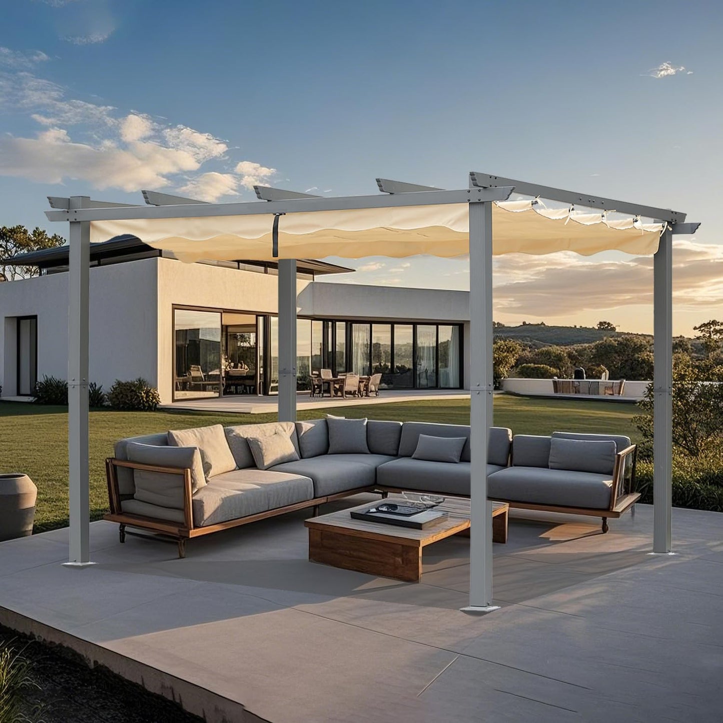 Angel Living Aluminium Pergola - Intrekbaar Dak - Elegant Ontworpen - Paviljoen - Prieel - met Water- en UV-Bestendig Polyesterdoek - Beige - 3 x 3 m