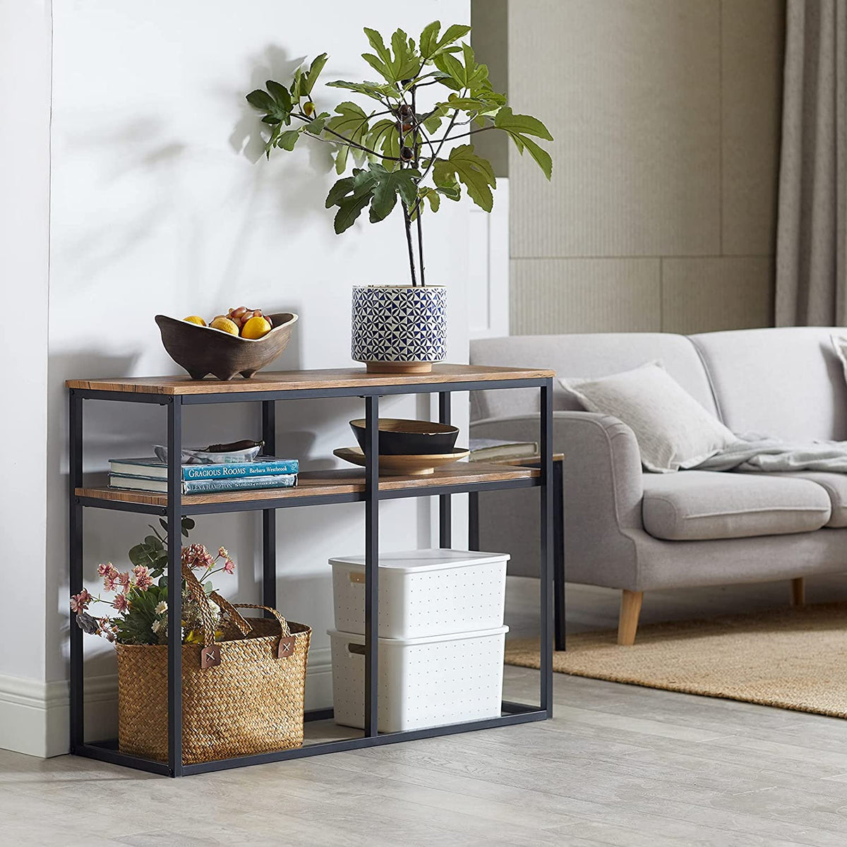 SoBuy - Bijzettafel met 2 opbergplanken - bruin - 107x36x77 cm