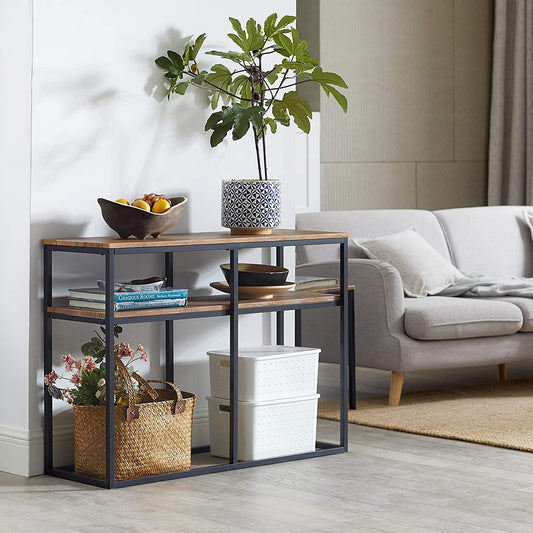 SoBuy - Bijzettafel met 2 opbergplanken - bruin - 107x36x77 cm