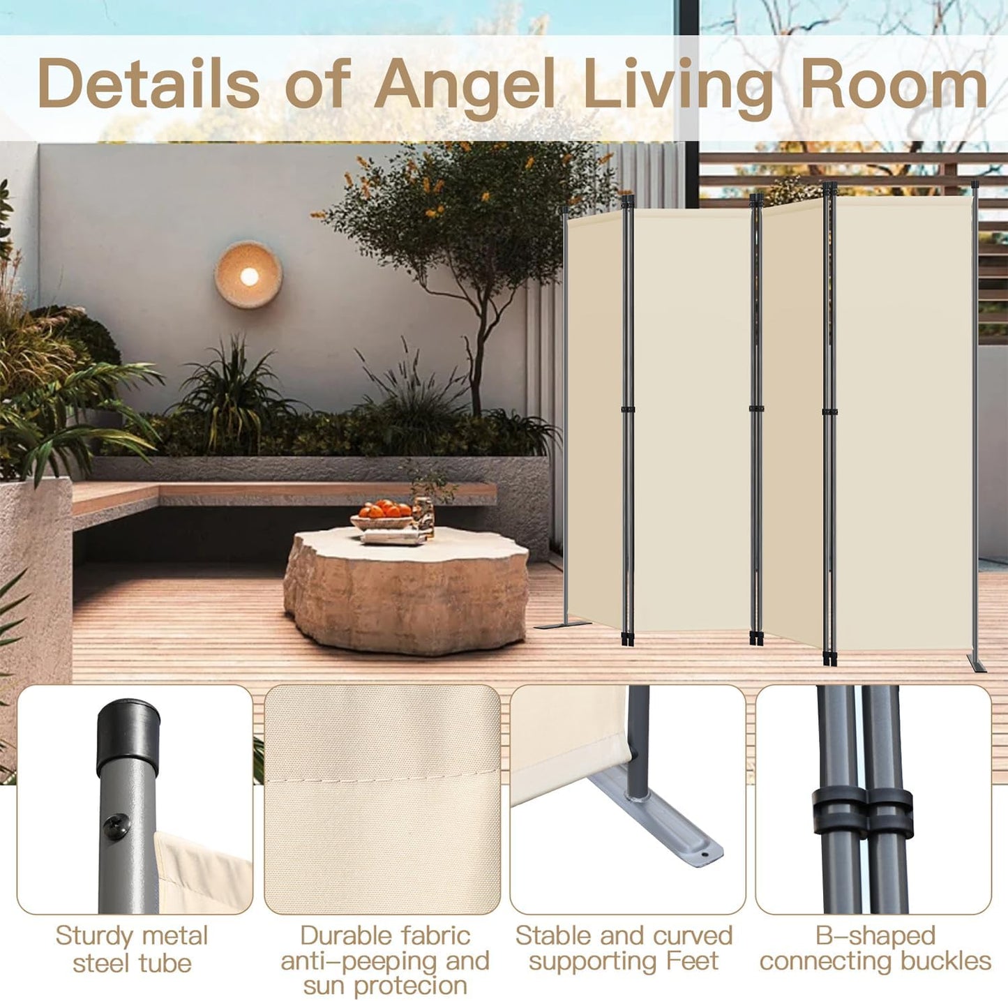 Angel Living Kamerscherm - 4-delig - 224x165 cm - Opvouwbaar - Staal & Polyester - Ruimteverdeler & Inkijkbescherming - Beige