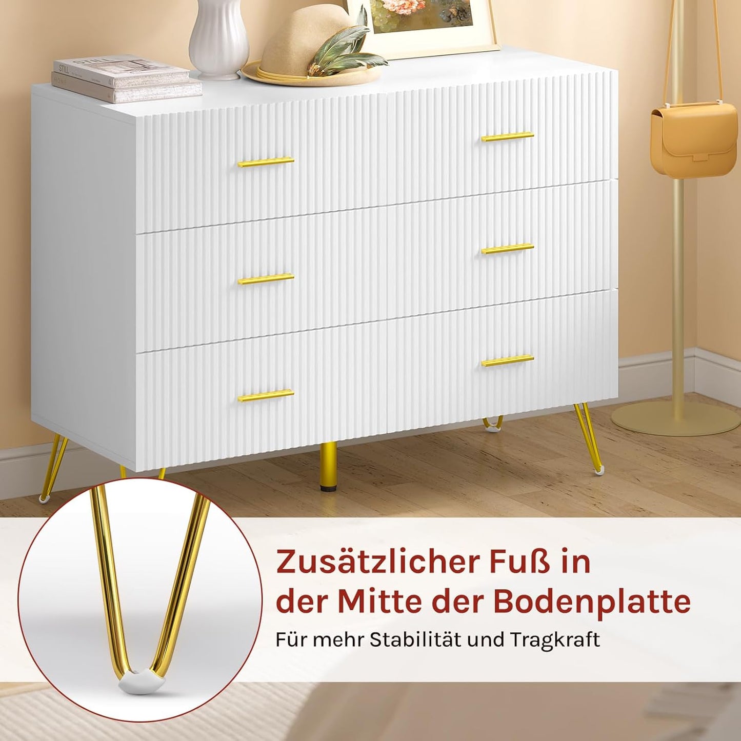 Woltu Ladekast met 6 Lades Wit & Goud - Opbergkast voor Slaapkamer, Woonkamer of Hal - 100 x 40 x 75 cm