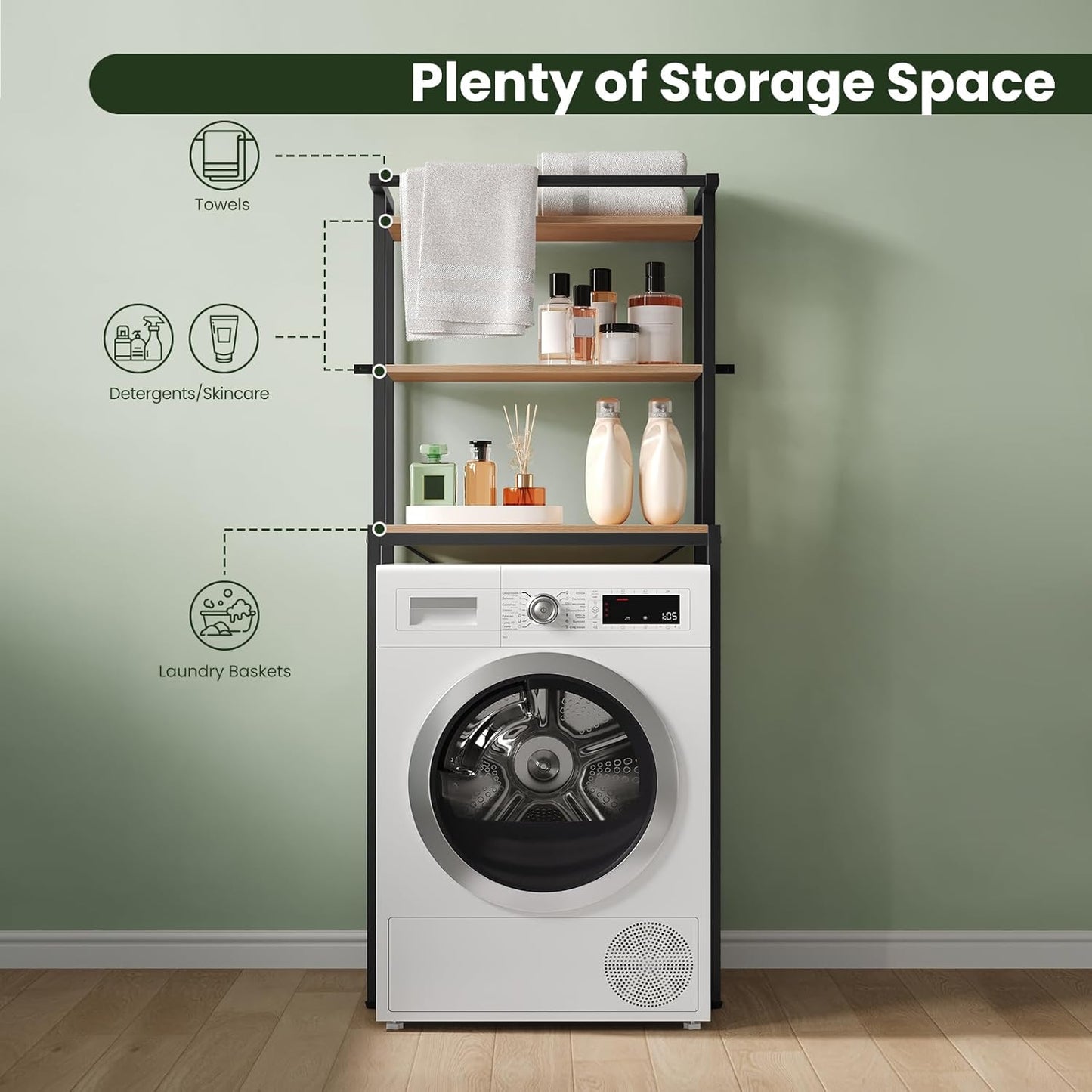 Eugad 3-laags badkamerrek boven toilet of wasmachine - donker eiken/zwart - 67x40x162 cm