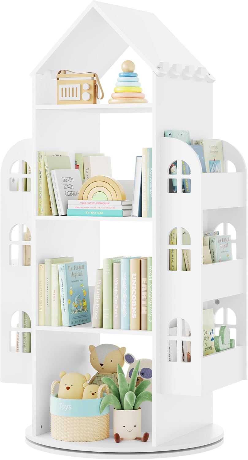 Woltu Draaibare Kinderboekenkast Wit 63x59x125 cm – Montessori Opbergkast met 4 Niveaus en Zijvakken