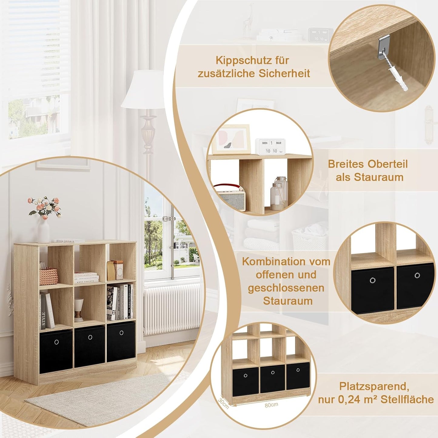 Woltu Boekenkast 9 Vakken met 3 Stoffen Lades - Melaminehout Licht Eiken - 80x30x86,5 cm