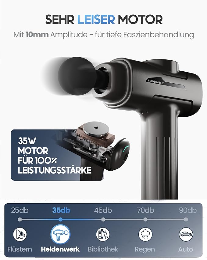 Heldenwerk Massagepistool met 6 Massagekoppen – Spiermassageapparaat 3200 rpm, USB-C Oplaadbaar - Grijs