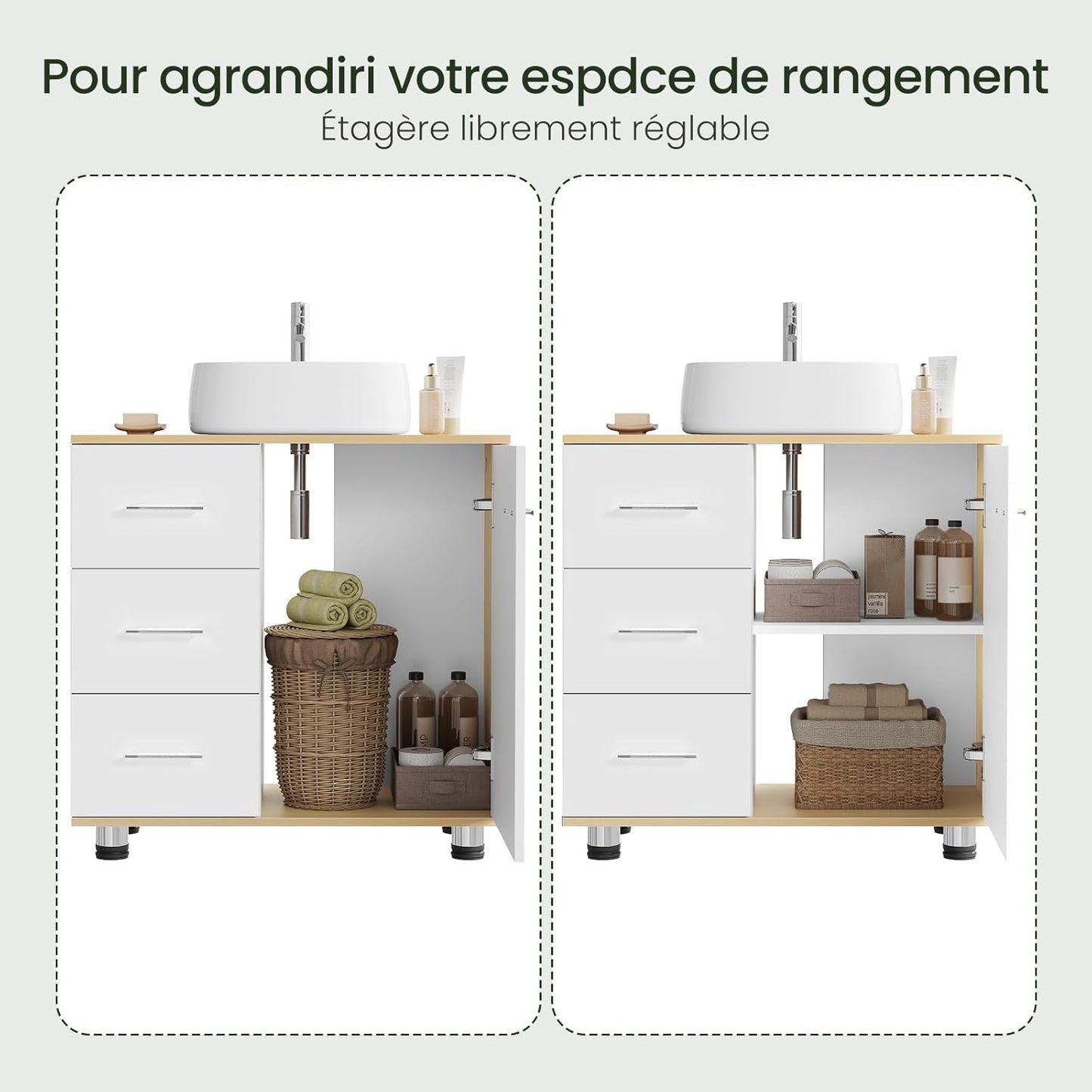 Eugad Badkamerkast Wit/Licht Eiken - 60 x 60 x 30 cm - 3 Lades - Verstelbare Plank
