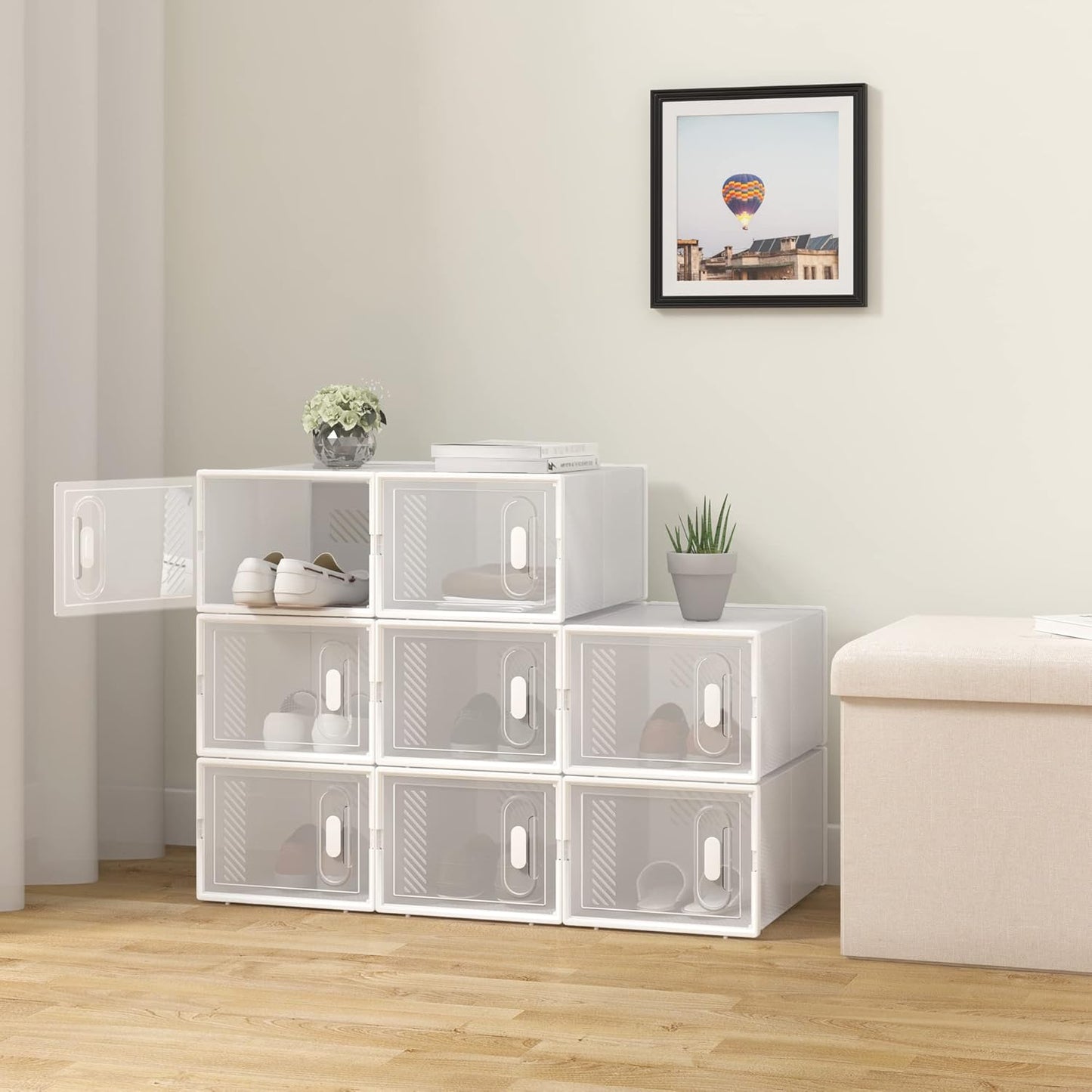 Woltu Schoenendozen Transparant Wit - 12 Stuks - Stapelbaar & Opvouwbaar - Met Voorklep - 25x19x35 cm