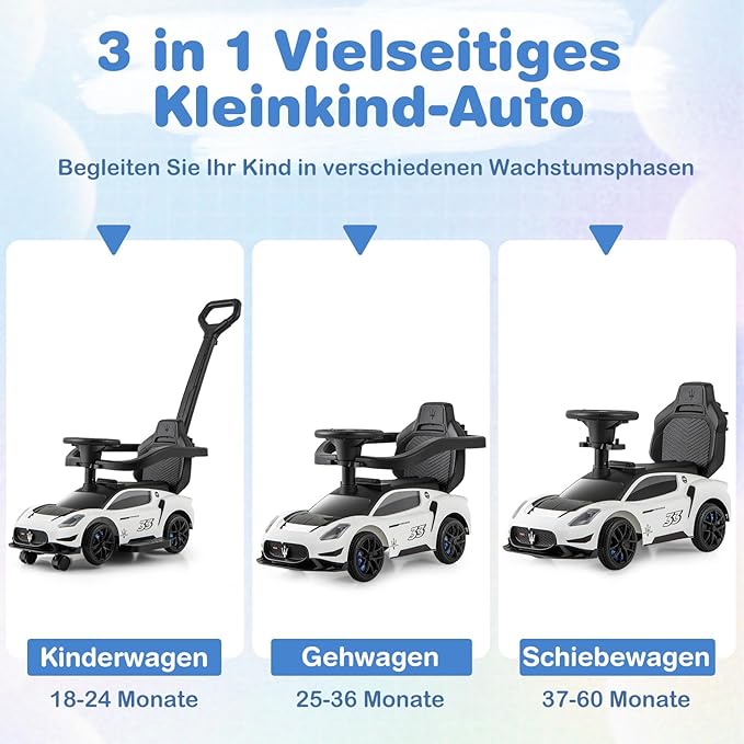 Coast Maserati Loopauto Wit – 3-in-1 Duw- en Loopauto met Muziek en Opbergruimte – 90 x 41 x 90 cm