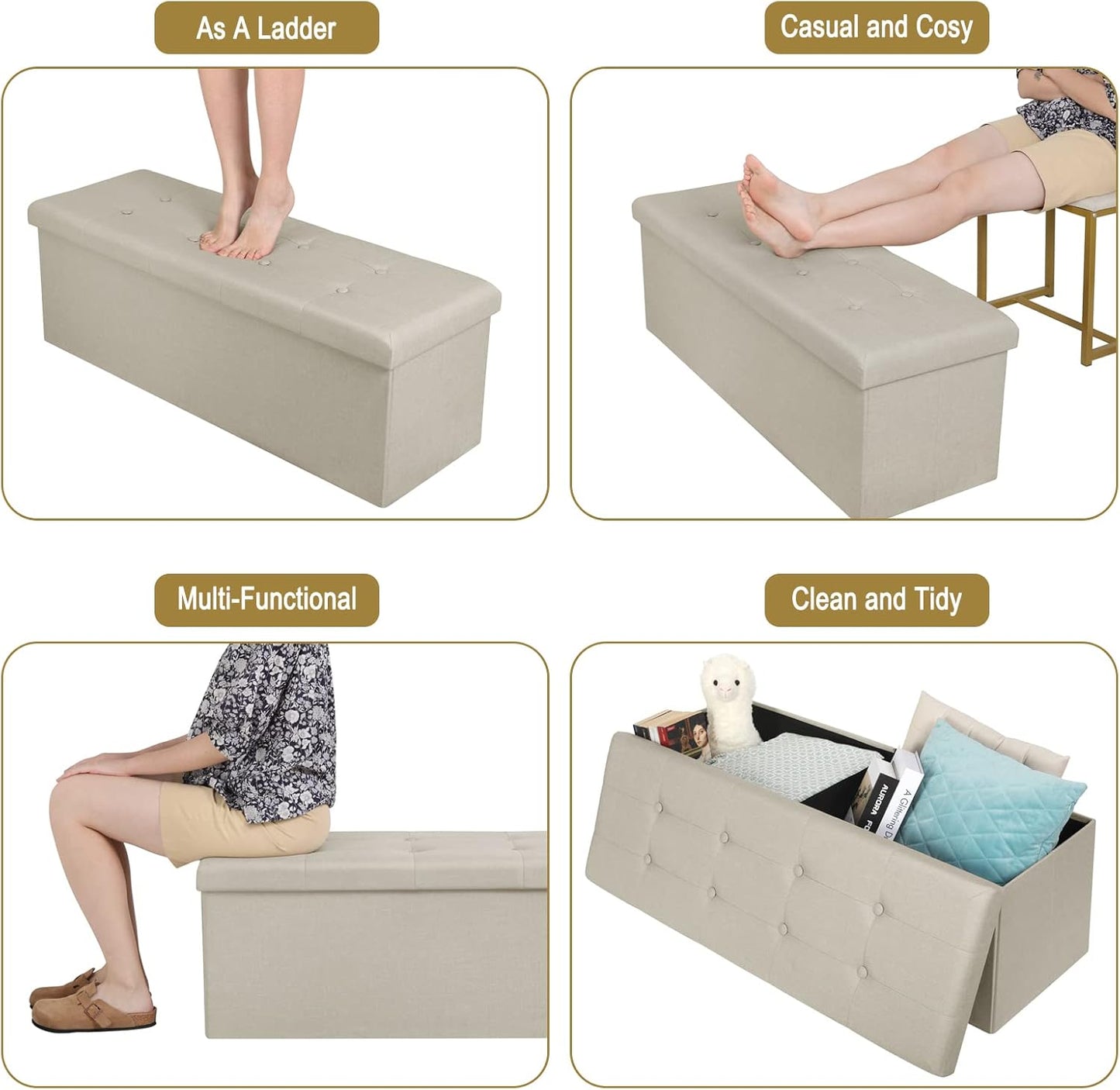 Woltu Opvouwbare Opbergbank met Opbergruimte - 118 Liter - 110 x 37,5 x 38 cm - Crème-Wit Linnen - Belastbaar tot 300 kg
