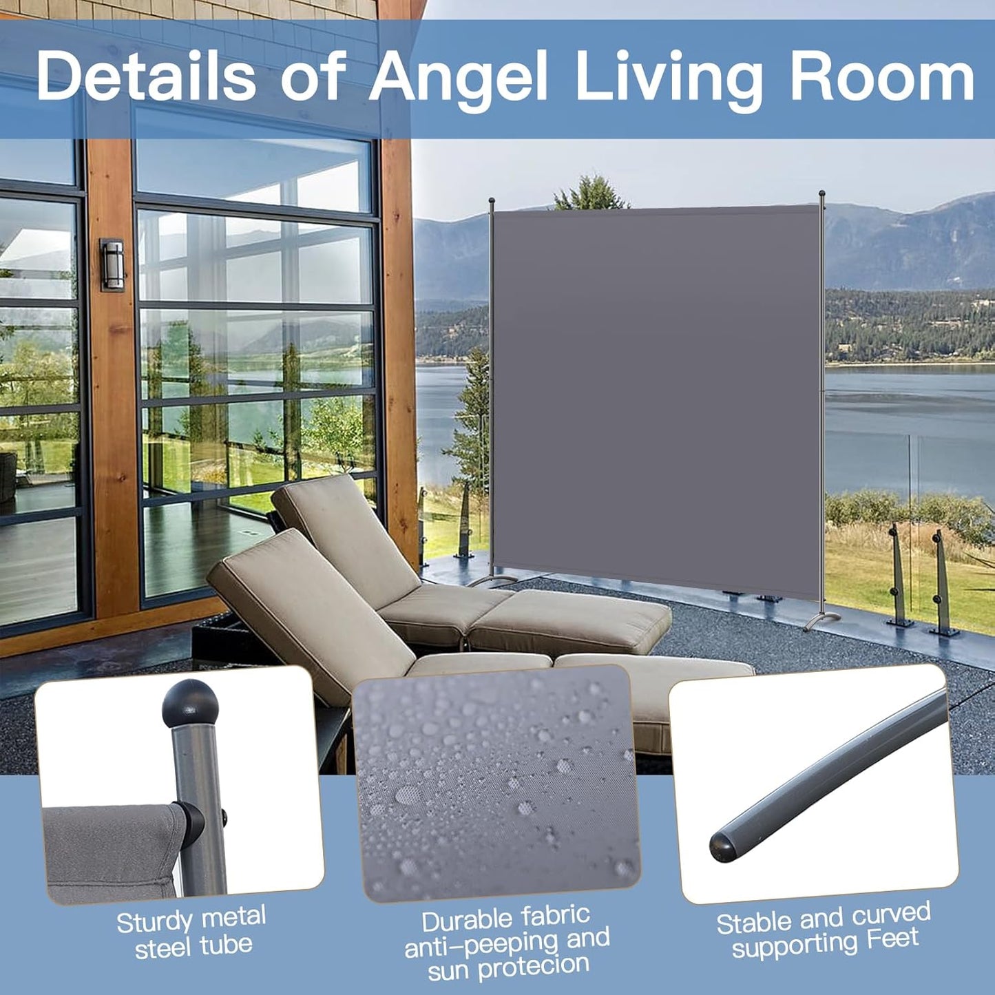 Angel Living Paravent – Moderne Kamerscherm & Ruimteverdeler – Privacy Scherm voor Binnen & Buiten, Grijs – 162 x 180 cm
