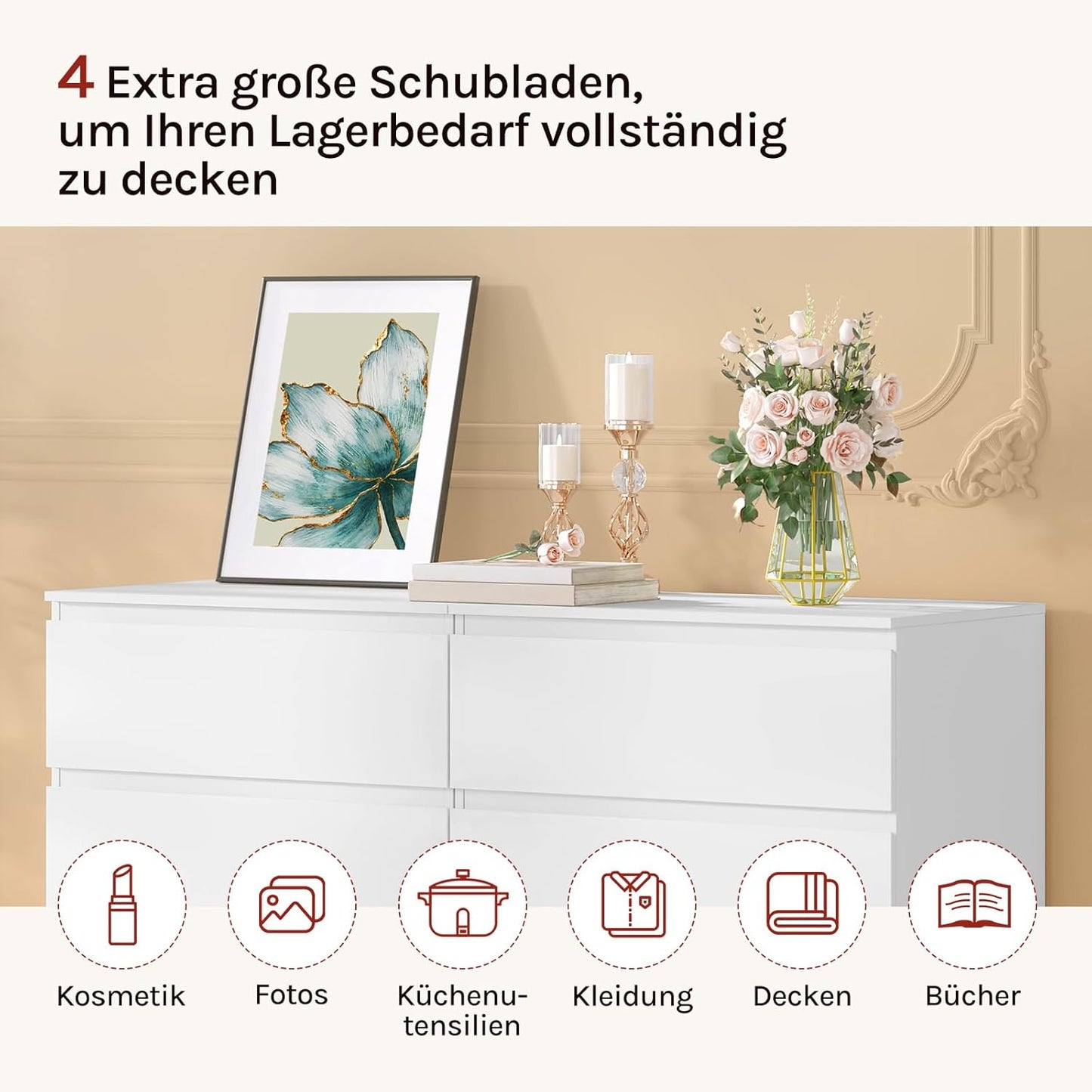 Woltu Ladekast Wit – 4 Lades – 60 x 40 x 90 cm – Moderne Opbergkast voor Slaapkamer en Woonkamer