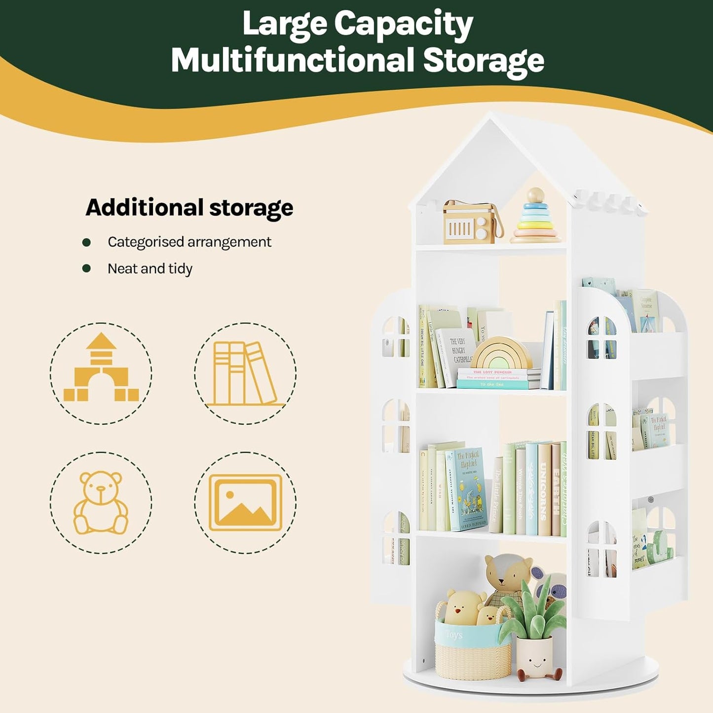 Woltu Draaibare Kinderboekenkast Wit 63x59x125 cm – Montessori Opbergkast met 4 Niveaus en Zijvakken