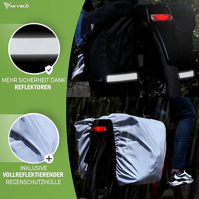 MIVELO - Dubbele Fietstas - 36L Inhoud - Zwart & RPET - Regenbescherming - MIK & Racktime Compatibel - Van Gerecycled Materiaal