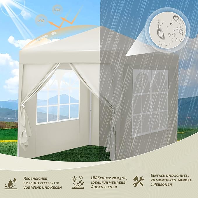 WOLTU Gazebo pop up partytent - 2 x 2 m - beige - UV bescherming 50+ waterafstotend