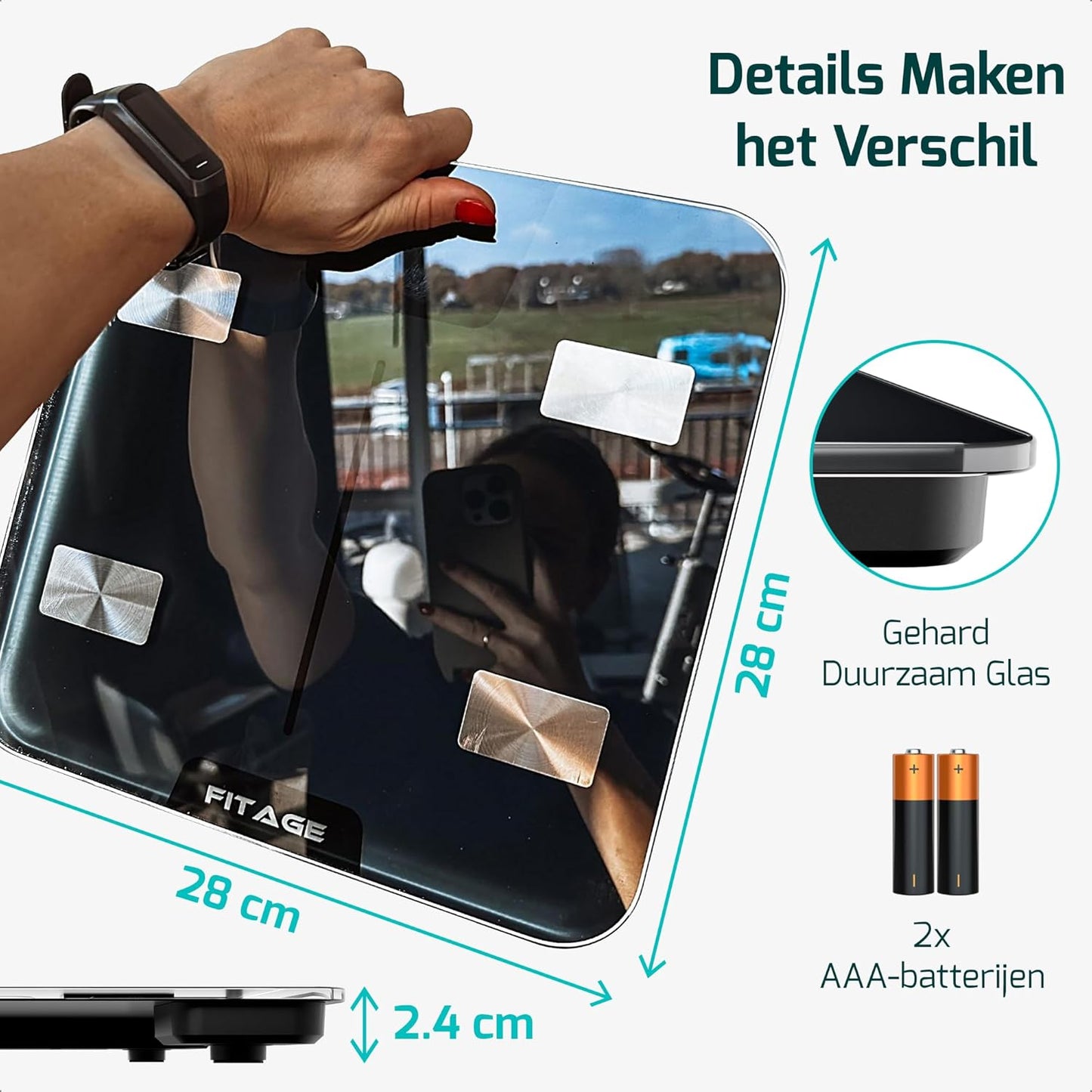 Fitage Digitale Personenweegschaal Slimme Lichaamsanalyse – 17 Metingen – App Koppeling – 180 kg – 28 x 28 cm – Zwart