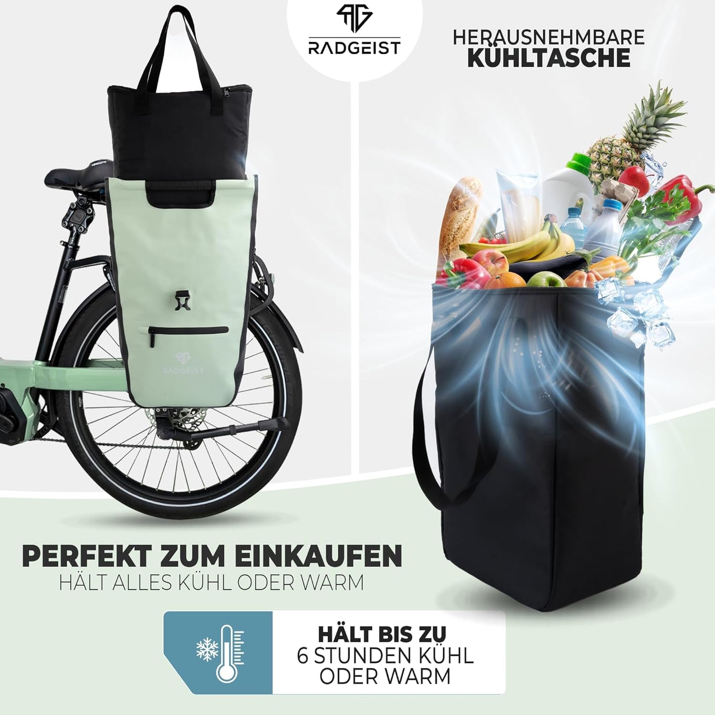 RADGEIST fietstas voor bagagedrager I fietstas shopper met uitneembare koeltas I boodschappentas & boodschappendraagtas 22-28 liter - groen