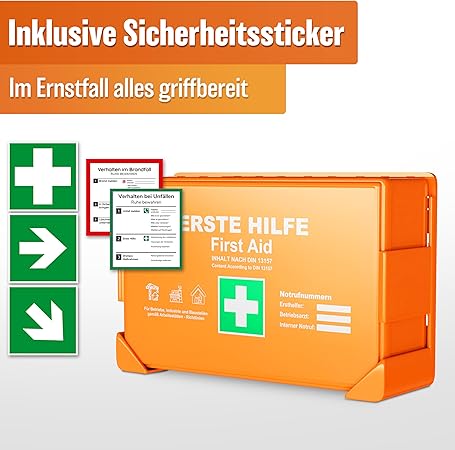 HELDENWERK Eerste hulp doos versie 2026 [DIN 13157:2021] incl. wandhouder & 5 x stickers | EHBO-koffer voor kantoor, huishouden en horeca - bedrijf verbanddoos gevuld, saniteitskast