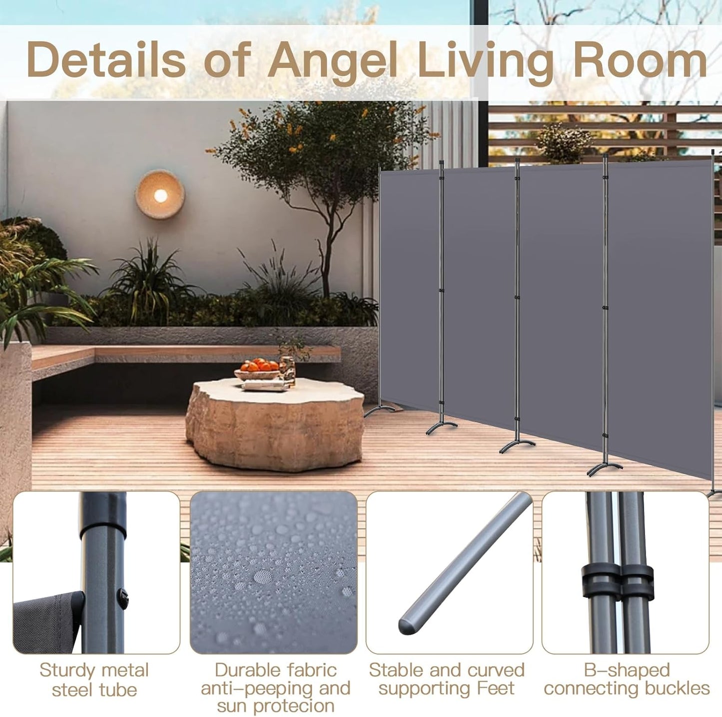 Angel Living Paravent 4-delig – Opvouwbare Scheidingswand 324 x 170 cm – Inkijkbescherming voor Binnen & Buiten – Grijs