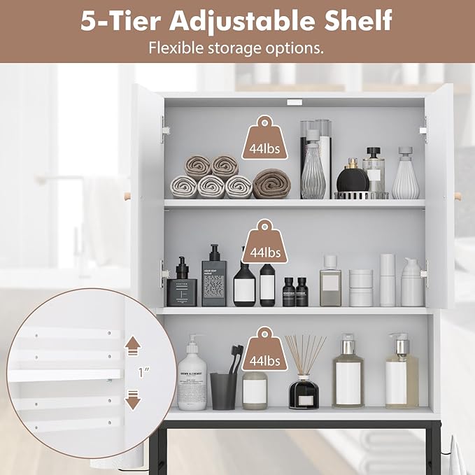 COSTWAY Vrijstaande Toiletkast – Met Opbergvakken, Deuren & Haken – 63 x 23 x 165,5 cm – Wit