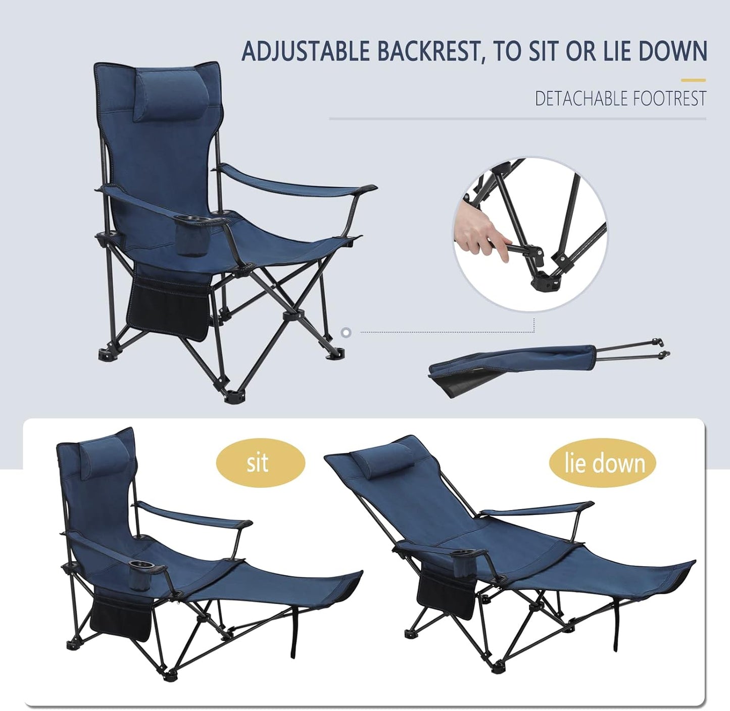Woltu Campingstoel Set van 2 – Inklapbare Ligstoel met Voetensteun en Bekerhouder – 160 x 88,5 x 84 cm – Blauw