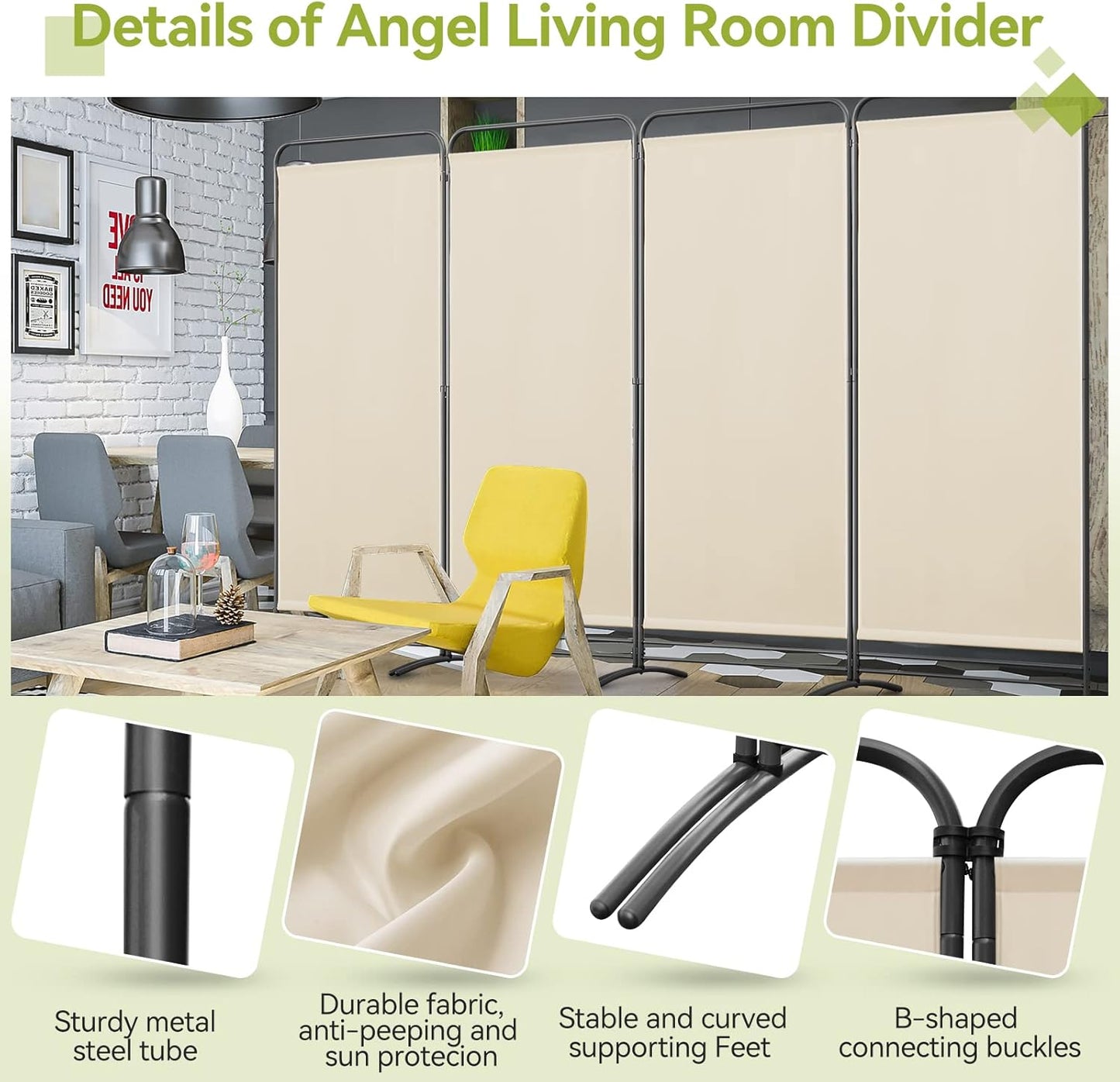 Angel Living Paravent - 4 opvouwbare kamerverdelers - onafhankelijk - 180 x 324 cm - beige