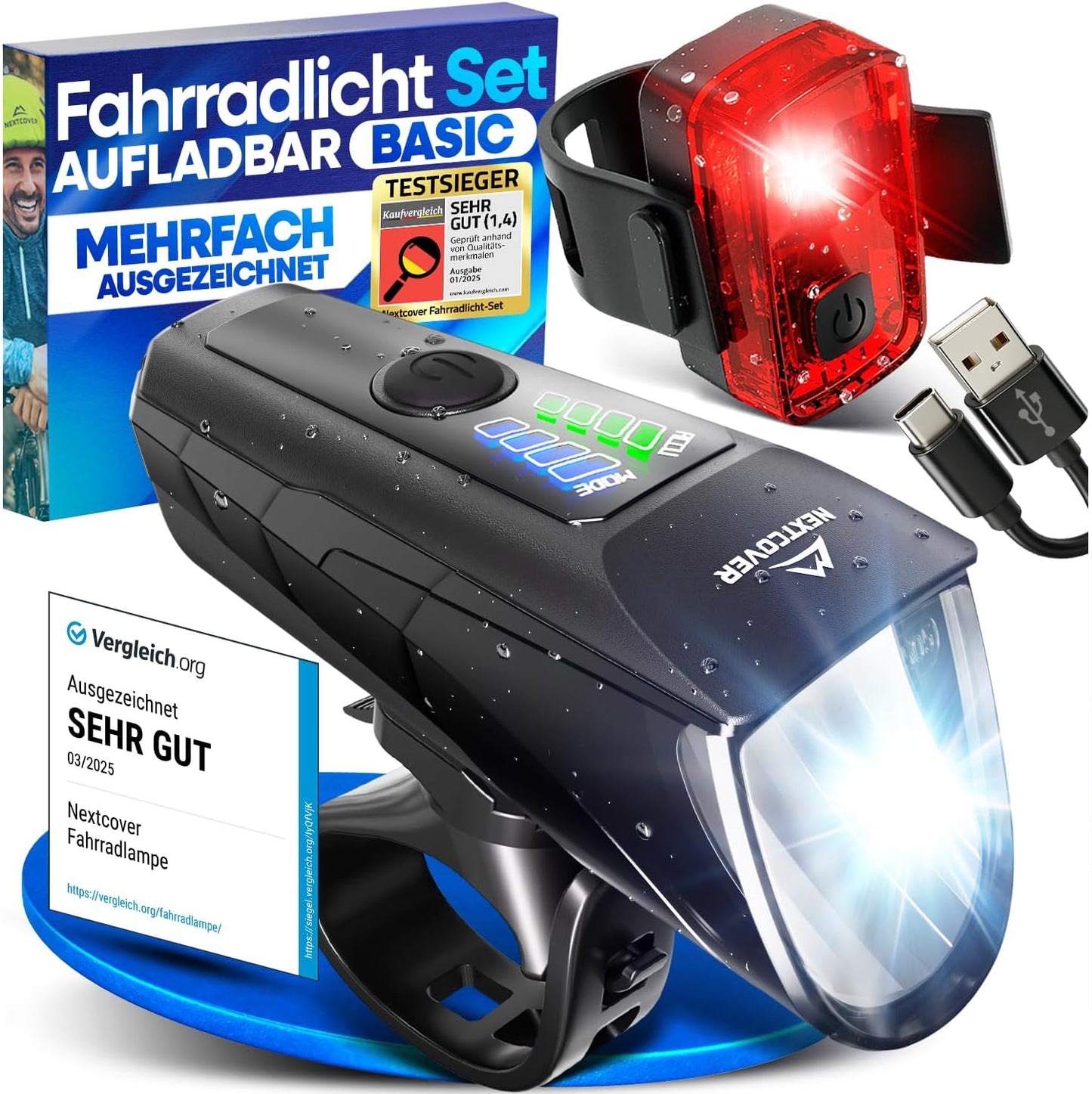NEXTCOVER® fietsverlichtingsset - Met Sensor - 11 uur batterijduur - USB-oplaadbaar - waterdicht - StVZO-goedgekeurd