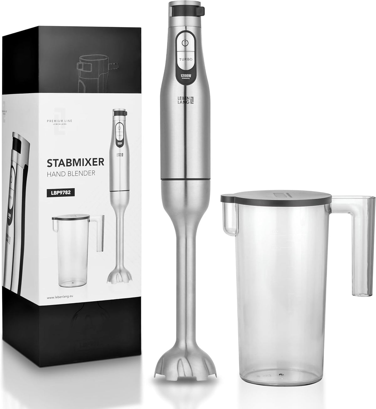 LEBENLANG - Premium Staafmixer 1200W – Roestvrij Staal – Incl. 1000ml Maatbeker, Spatbescherming & Turbo-functie – Traploos Verstelbaar – BPA-vrij