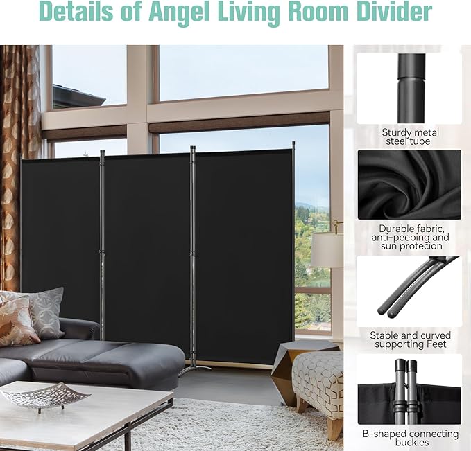 Angel Living Kamerscherm - 3 Panelen - 243x169cm - Zwart - Vrijstaand