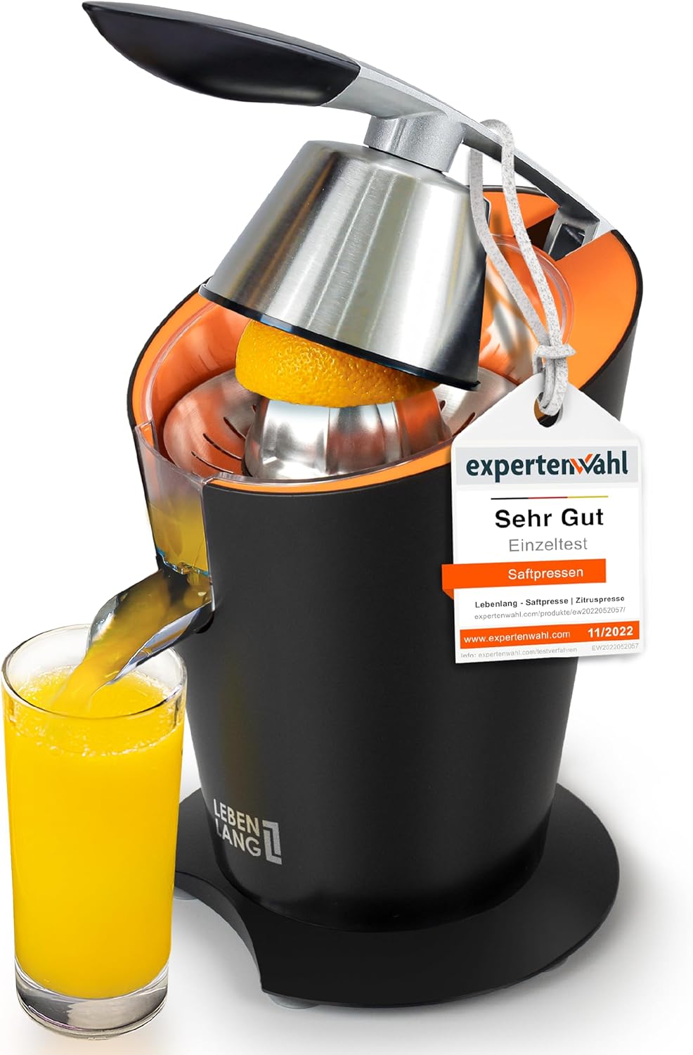 LEBENLANG Elektrische Sinaasappelpers 600 W - Zwart, 20 x 20 x 31 cm, Roestvrij Staal, Incl. Hendelarm