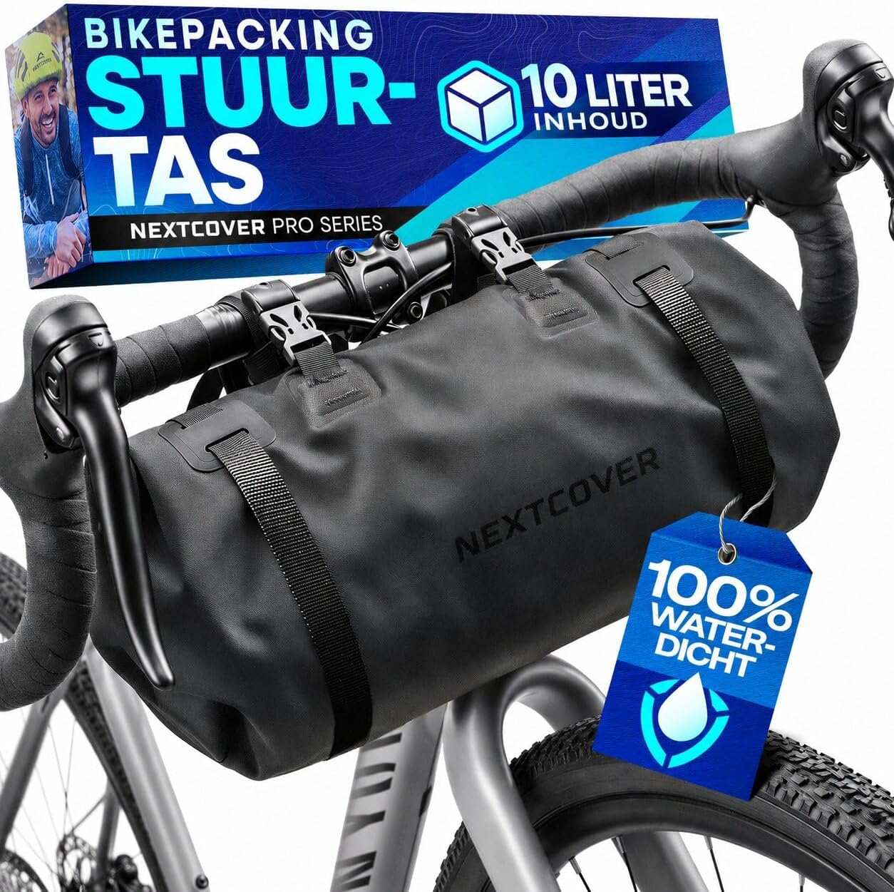 Nextcover Bikepacking Stuurtas AquaShield – Voorzien Van Hoogfrequent Gelaste Naden En Lakvriendelijke Montage En Universele Pasvorm – Voor Mtb En Gravelbike – Zwart Tpu – 10 Liter