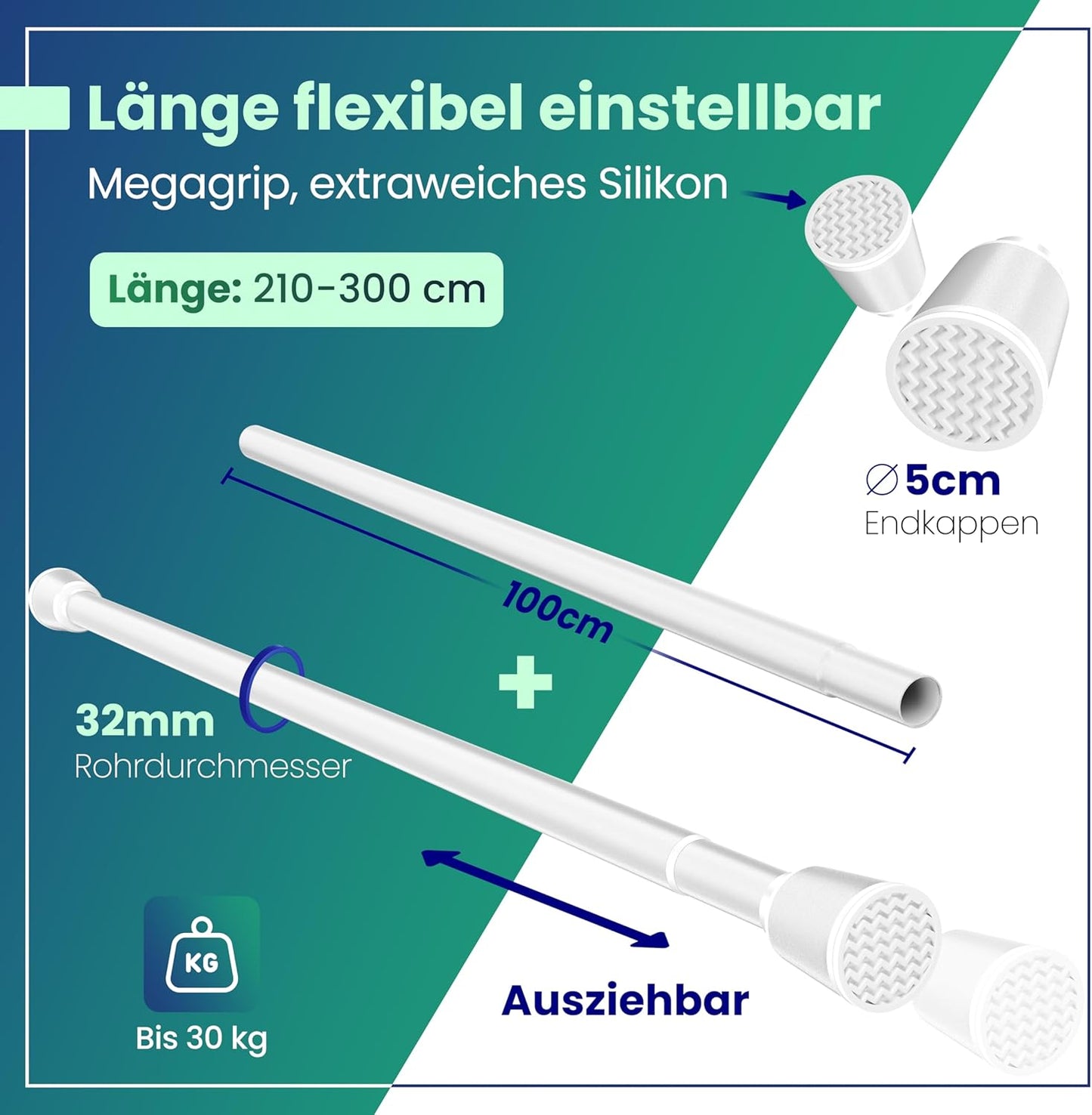 LOBUX® - Gordijnstang zonder boren [wit, 210-300cm] - telescopische stang gordijn uitschuifbaar - douchestang zonder boren - gordijnstang, douchegordijnstang, kledingstang, klemstang kattennet