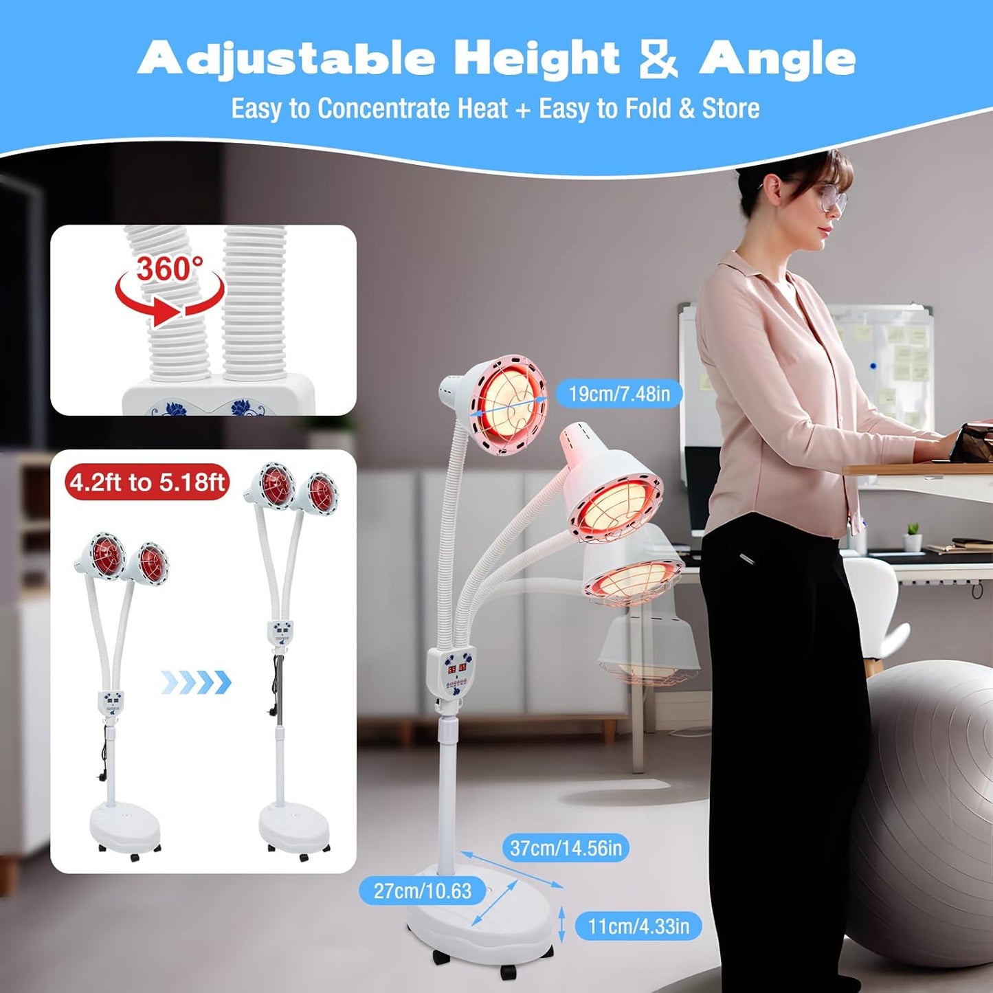 Xigner Dubbele Infrarood Warmtelamp 275W - Verstelbare Standaard 128-158 cm - 360° Draaibare Dubbele Kop - Rode Warmtelamp voor Spierontspanning en Doorbloeding