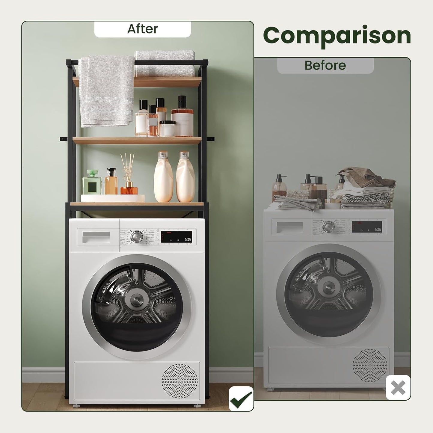 Eugad 3-laags badkamerrek boven toilet of wasmachine - donker eiken/zwart - 67x40x162 cm