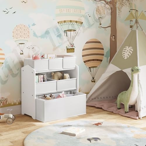 Lestarain Speelgoedrek voor Kinderen Wit - Opbergkast met 9 Speelgoedboxen - Kinderkamer & Speelkamer Organizer - 92 x 30 x 68 cm