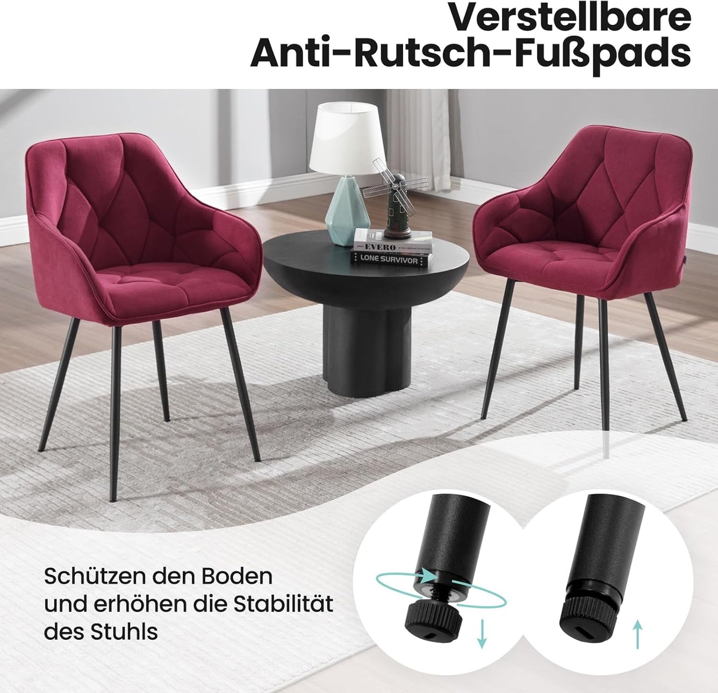 Woltu EZS02bd-1 Eetkamerstoel - Fluweel Bordeaux - 56 x 53 x 83,5 cm - Ergonomische Armstoel met Metalen Poten