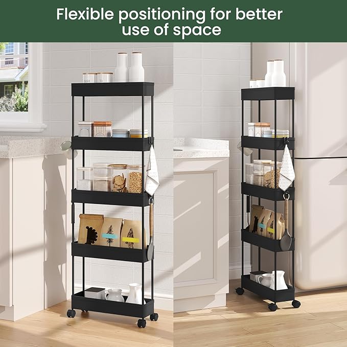 Klihome Service trolley - opbergkar met wielen - 5 etages - smal 12,5 cm - mat zwart