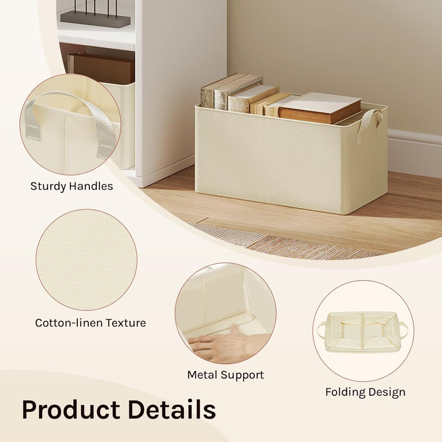 Woltu Opvouwbare Opbergdozen Set van 5 - Stof Opbergkubussen met Handgrepen - Stapelbare Opbergboxen voor Kleding en Speelgoed - Crme - 37,5 x 20 x 26 cm